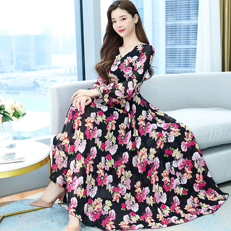 Muslim Spring Summer Dress Maxi Dresses For Women 2023 Long Sleeve Vestito Floreale Casual Chiffon Robe Vestidos De Fiesta
