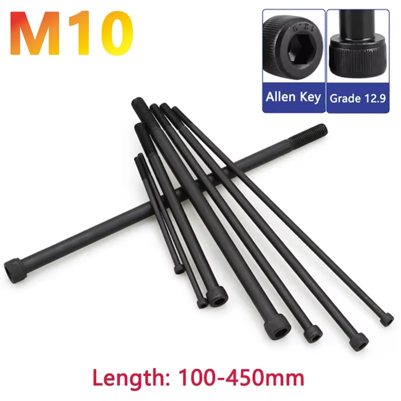 M10 Класс 12,9 Черный шестигранный болт с шестигранной головкой и шестигранной головкой, сверхдлинный 100 110 120 130-450 мм, полурезьба из углеродистой стали