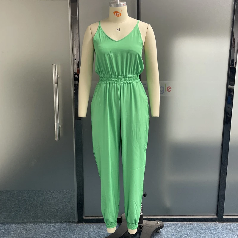 LIYONG Women Jumpsuit Summer Fashion Round Neck Sling Sleeveless Solid Nipped Waist Casual Loose Pants Romper High Streetwear
