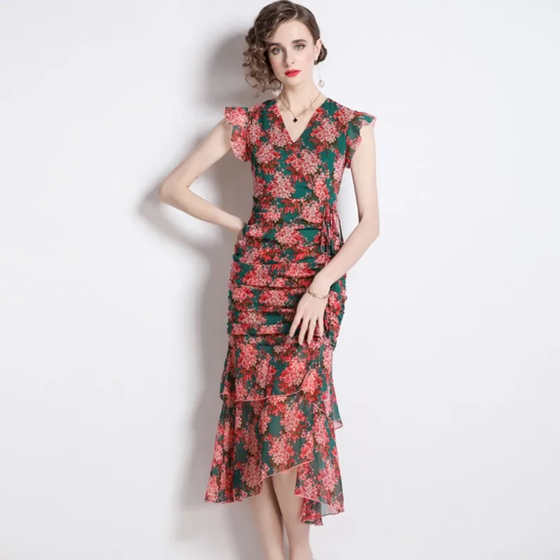 

Женское офисное облегающее платье на завязках, летнее шифоновое платье миди с V-образным вырезом и цветочным принтом и оборками