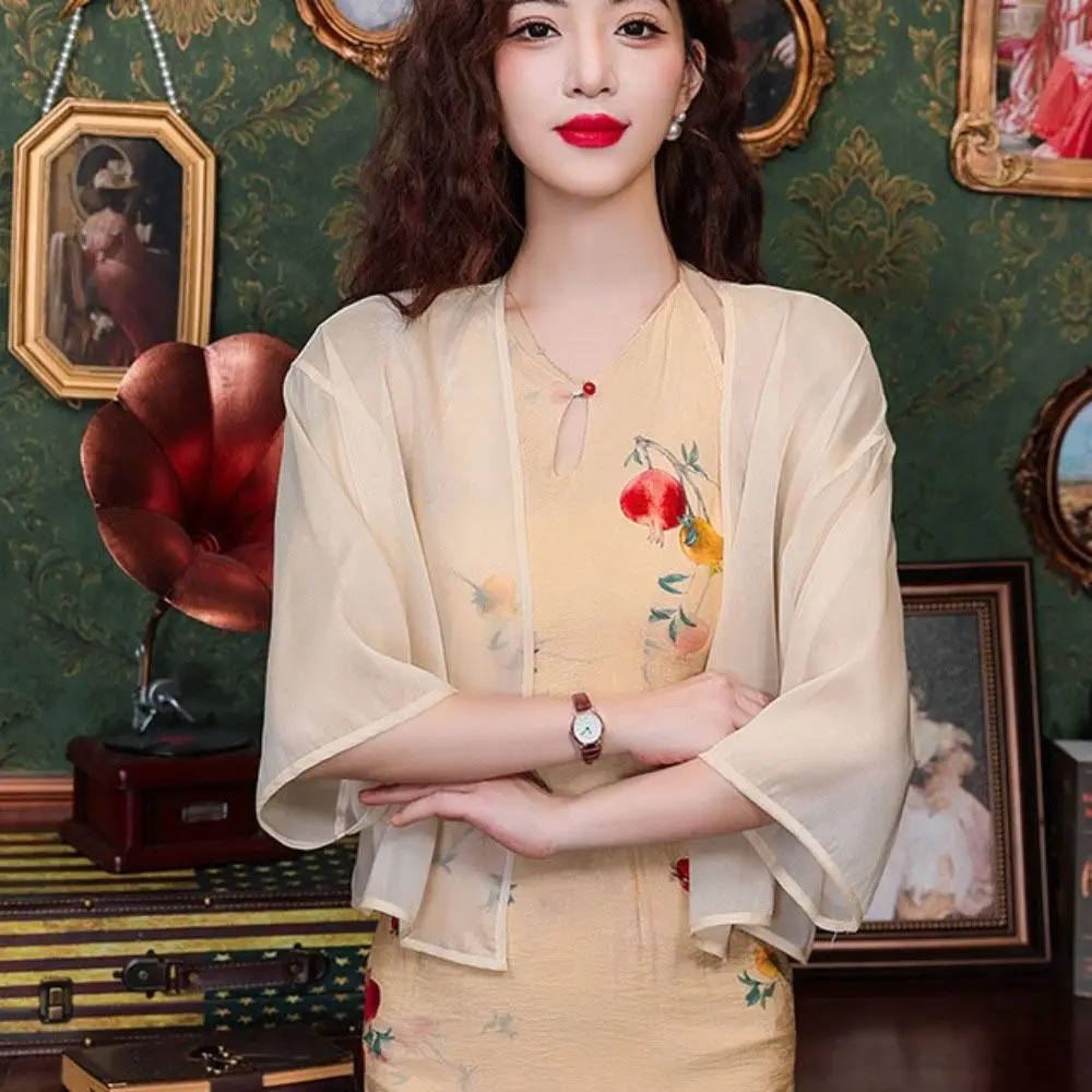 Прозрачная шифоновая маленькая куртка-шаль с коротким рукавом пляжные рубашки