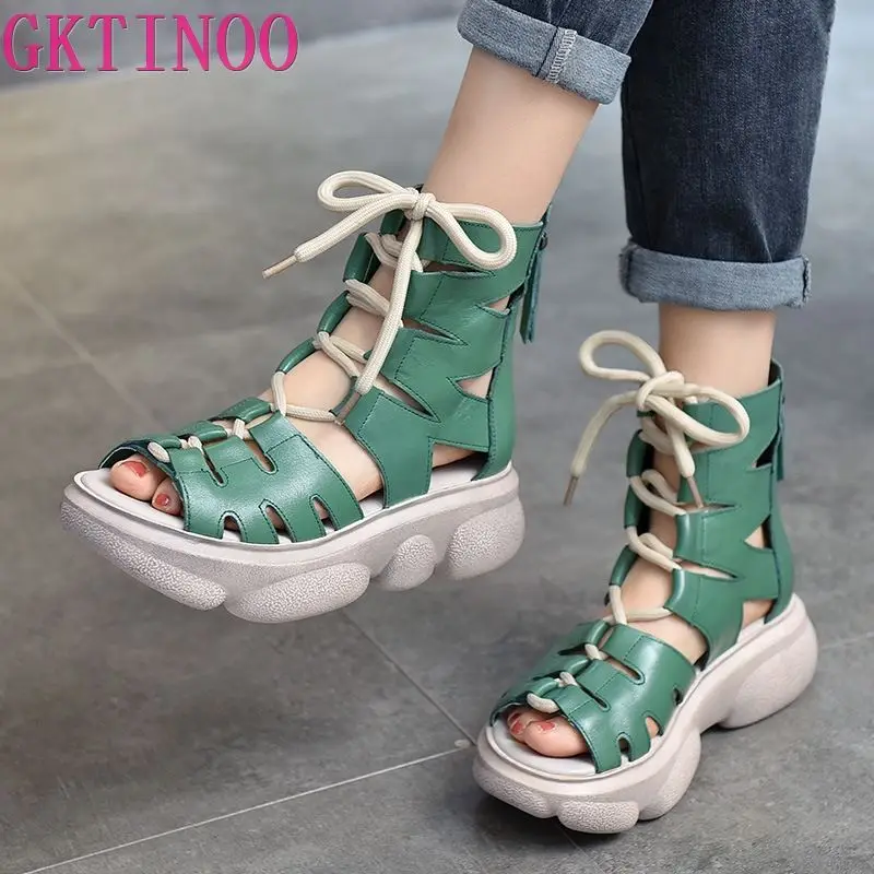 

GKTINOO 2022 New Summer Hollow Genuine Leather Sandals Windfish Mouth Head Roman Sandals Peep Toe Light Women Martin Boots
