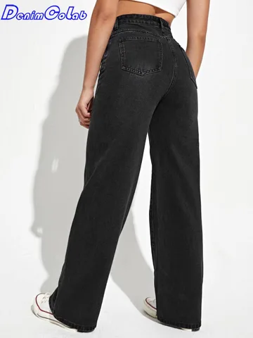 DenimColab 2023 New High Waist Straight Pants Woman Loose Boyfriend Jeans Female 100% Cotton Casual Black Trousers Mom Jeans