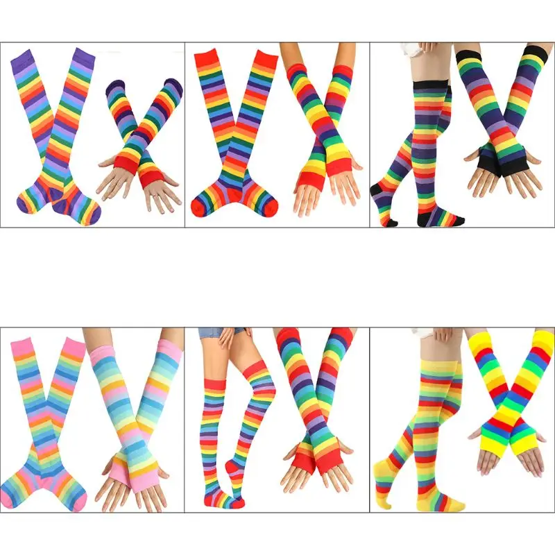 

Womens Rainbow Stripes Over Knee Thigh High Socks Arm Warmer Fingerless Gloves Set Fancy Dress Cosplay Masquerade Party Costume