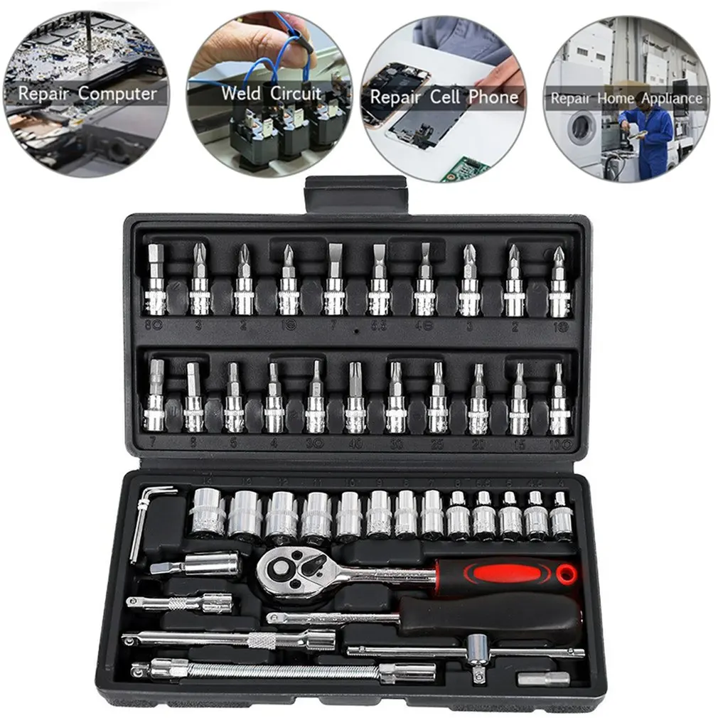

46pcs Socket Wrench Set Motorcycle Car Repair Tool Repair Ratchet Screwdriver Combination Household DIY Mechanical Tool Box