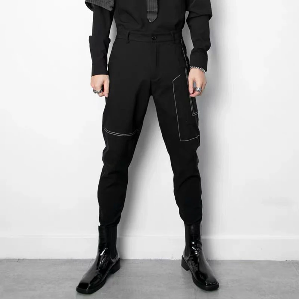 

Mens autumn French ribbed overalls essentials dark retro style sports leggings slim solid color simple casual pants for men