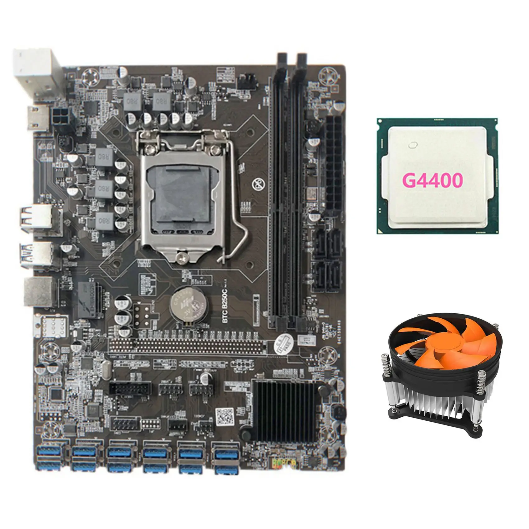 

B250C Mining Motherboard with Cooling Fan+G4400 CPU 12 PCIE to USB3.0 GPU Slot LGA1151 Support DDR4 DIMM RAM for Miner
