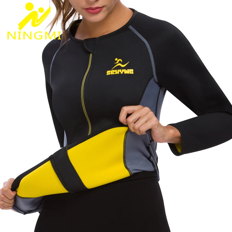 

NINGMI Sauna Waist Trainer Warming Shirt Hot Sweat Slimming Body Shaper Women Zipper Sports Top Long Sleeve Fitness Shapewear
