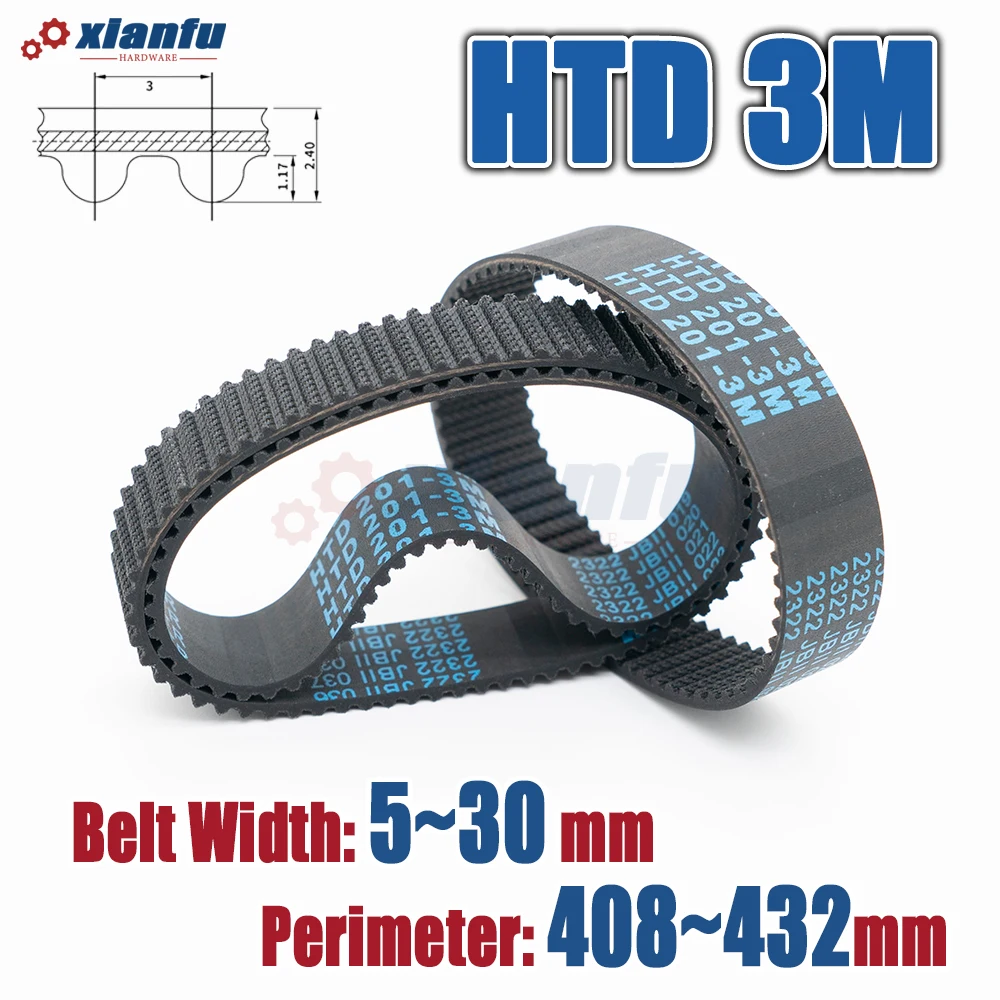 HTD 3M Резиновый ремень ГРМ по периметру HTD3M 408 411 414 417 420 423 426 429 432 мм Привод с замкнутым контуром Ширина трансмиссии 5 ~ 30 мм с ЧПУ