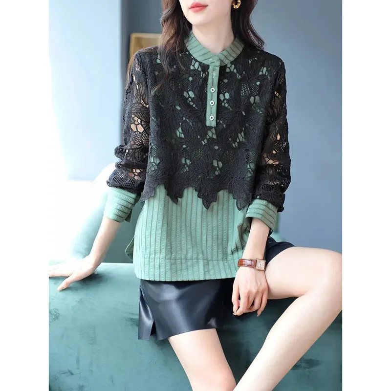 Женская ажурная рубашка с воротником-стойкой на весну и лето 2024