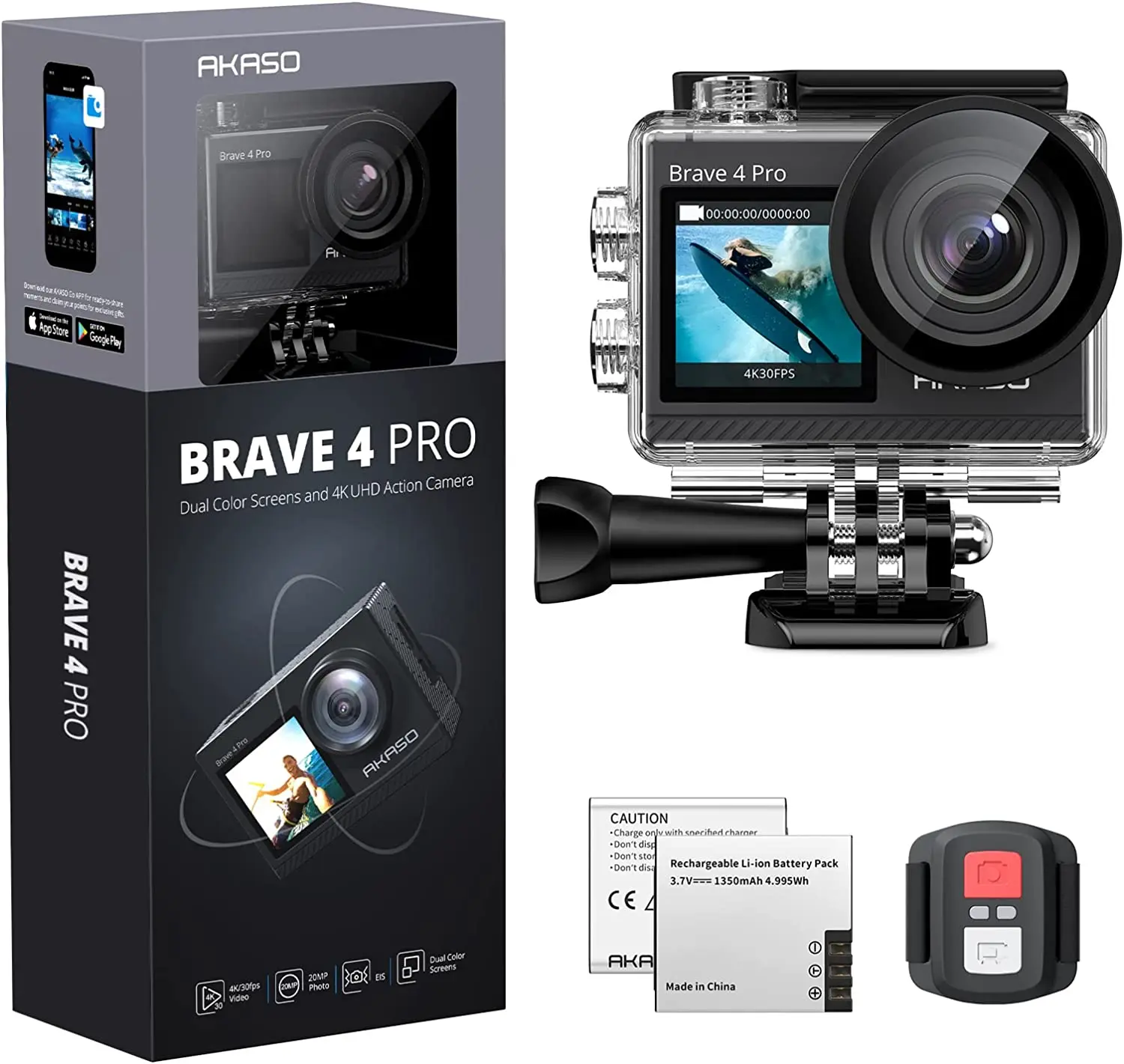 Экшн-камера AKASO Brave 4 Pro, 20 МП, фута, два экрана, 5-кратный зум