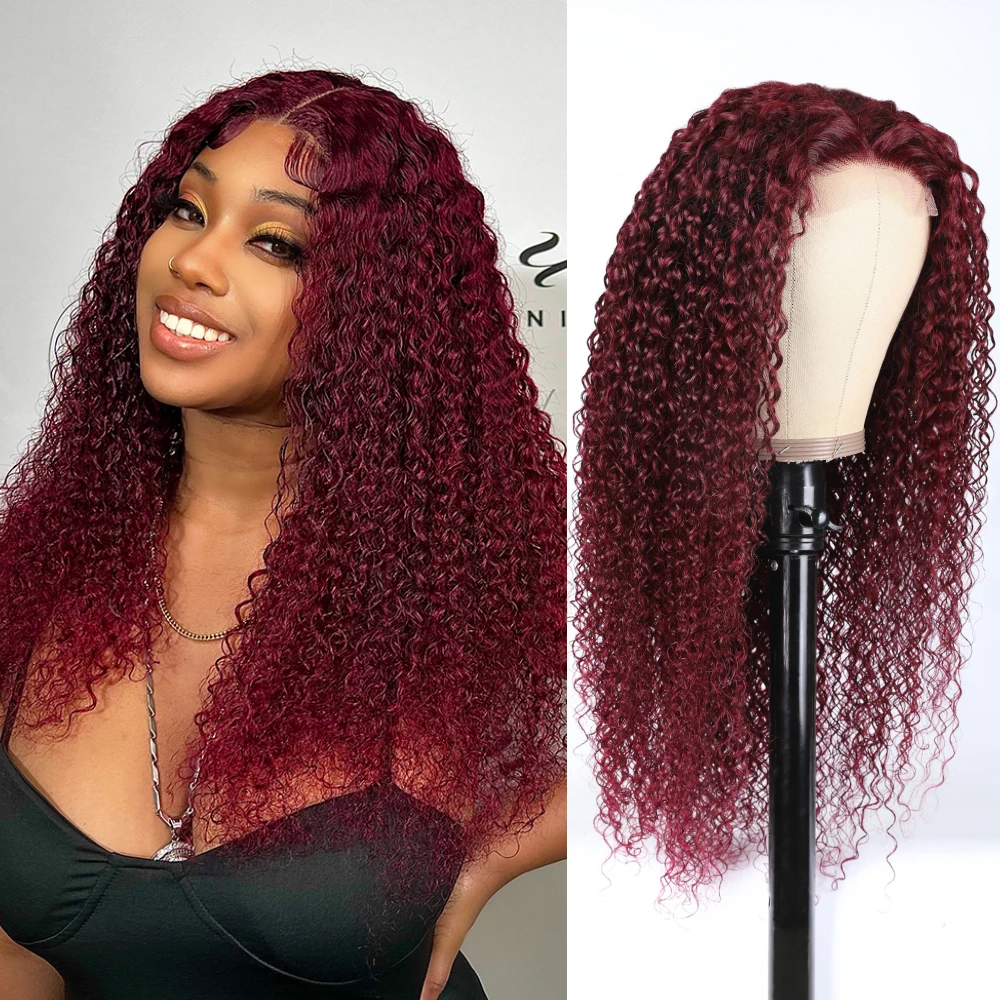 

Unice Hair 99J Colored Human Hair Wigs Pre Plucked 4x0.75 Middle T Part Wig Red Burgundy Lace Wig Curly Hair Wig for Women