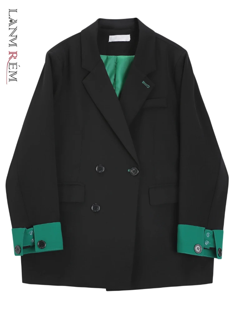 

LANMREM Fashion Contrast Color Blazers Women Notched Collar Double Breasted Coat Office Lady 2023 Autumn New Clothing 2AA11474
