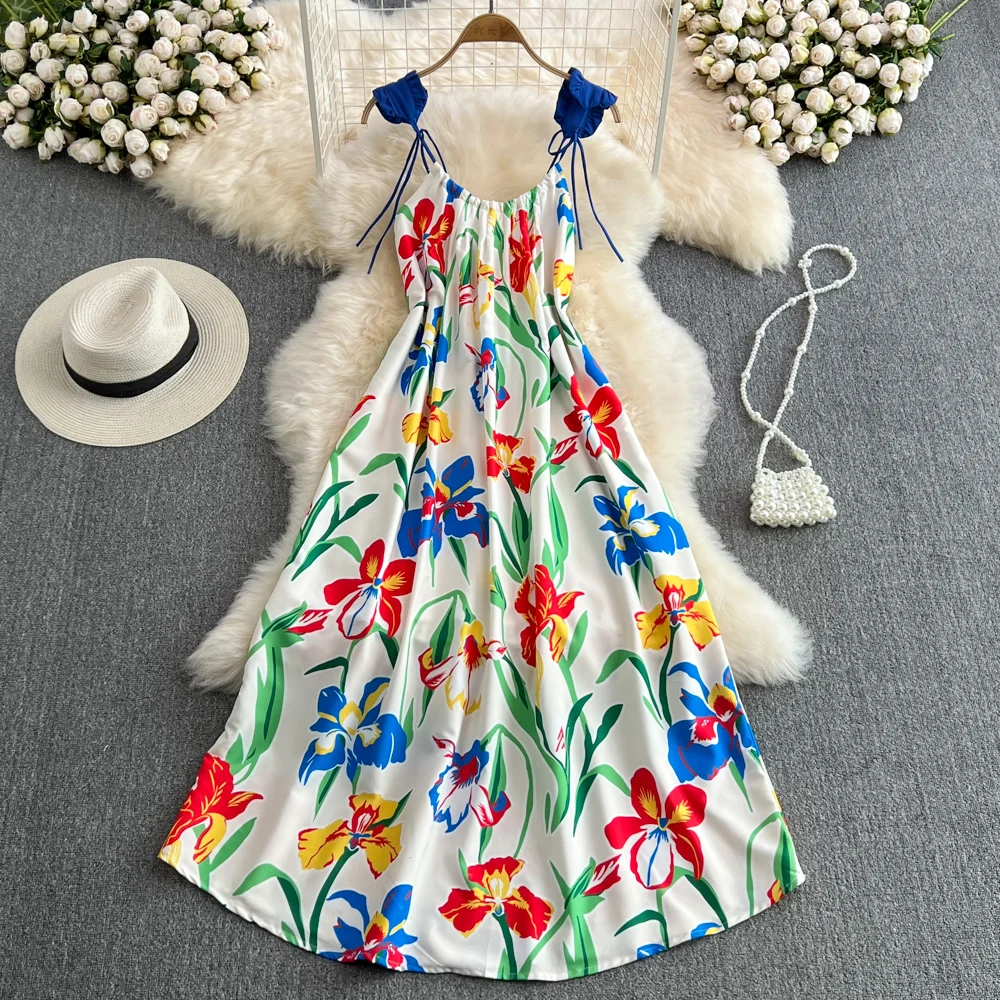

Seaside vacation beach skirt women's summer new printed suspender dress travel photo long skirt word