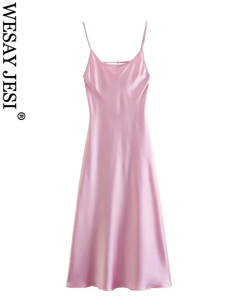 

WESAY JESI TRAF Summer Thin Textured Women Cami Dress Sleeveless Solid Color Backless Ruffle Hem Female Sexy Dresses