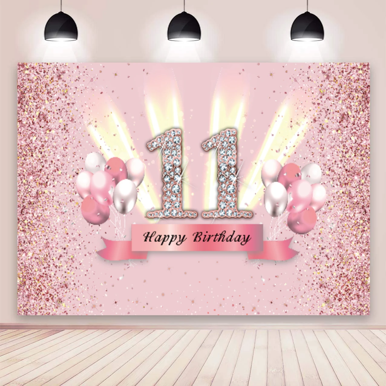 

Pink 11th Birthday Backdrop Baby Shower Girls 11 Years Old Birthday Party Photography Background Photo Studio Props Banner