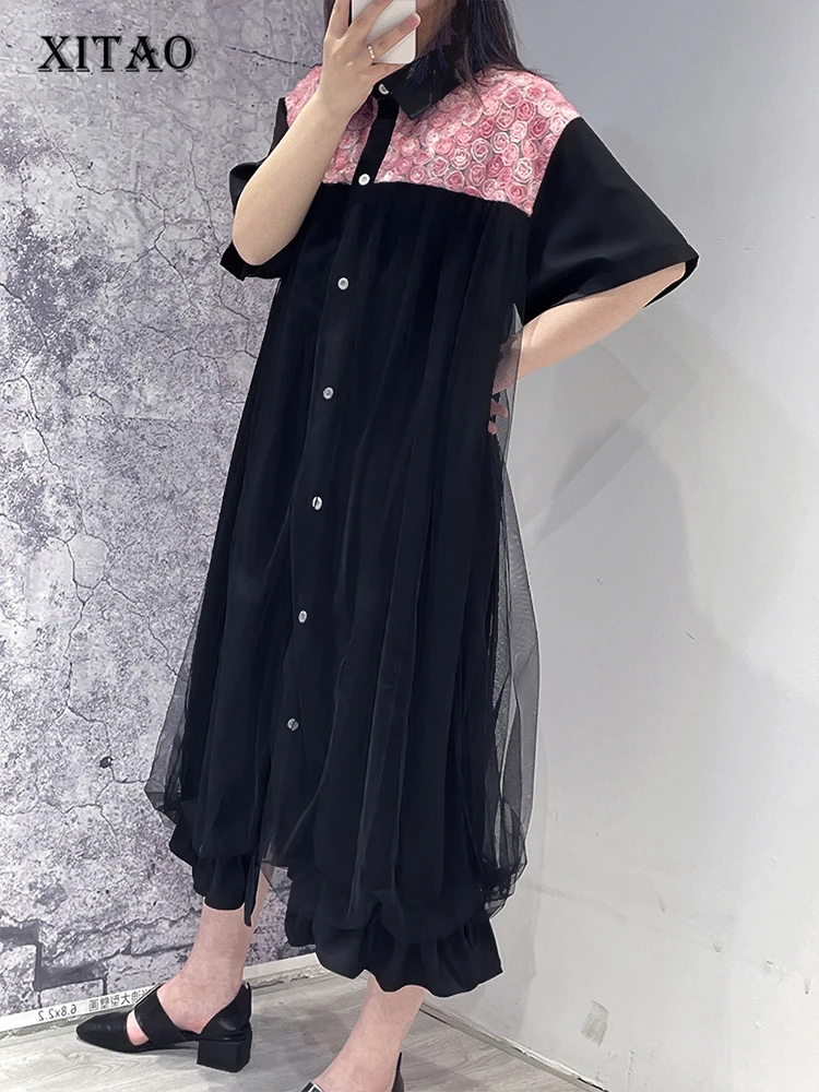 

XITAO Personality Mesh Patchwork Dress Loose Fashion Contrast Color Folds Loose Women Summer New Single Breasted Dress GJ0005