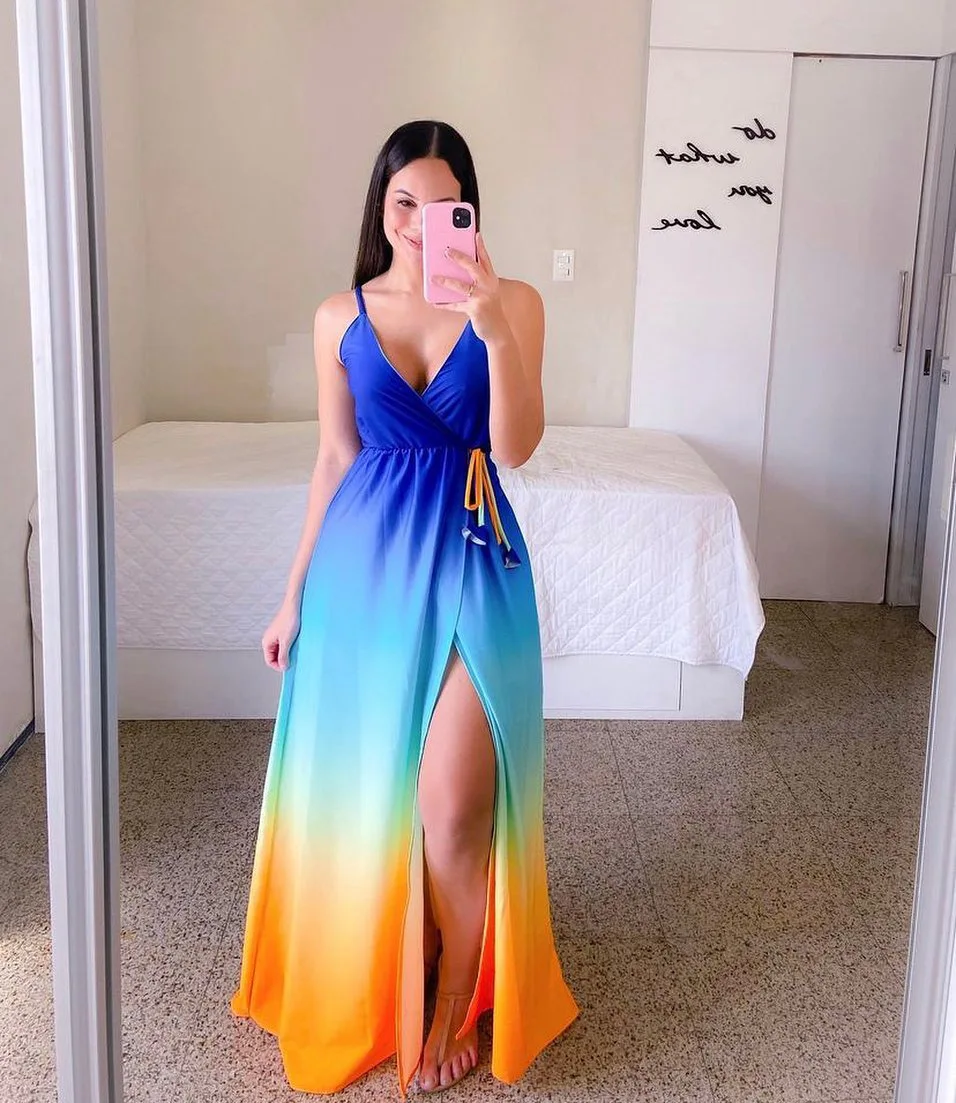 

Dashiki African Gradient Color Women Bohemian Dress 2022 Summer Spaghetti Strap Lace-up Backless Sleeveless Floor-length Dresses