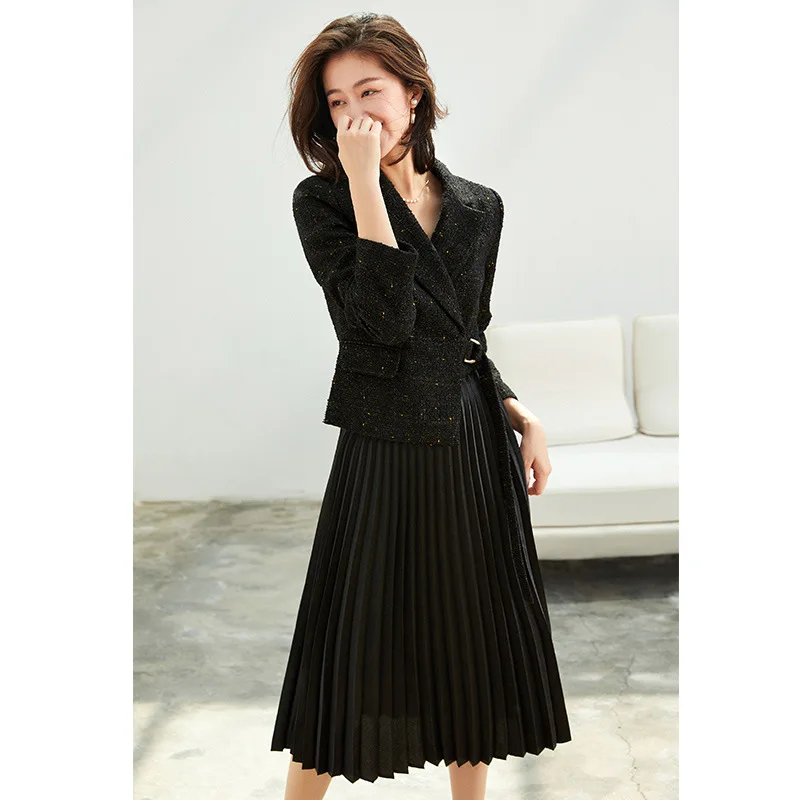 

Women Autumn and Winter French Style Design Sense Wool Tweed Suit Dress Spliced Pleated A-line Fake Two Piece Suit Skirt