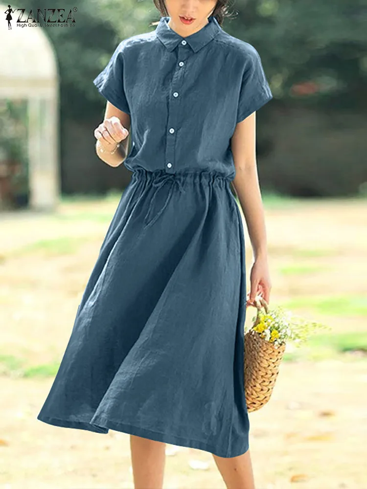 

ZANZEA Women Elegant Lapel Neck Shirt Dress Vintage Summer Short Sleeve Casual Solid Sundress Robe Drawstring Waist Midi Vestido