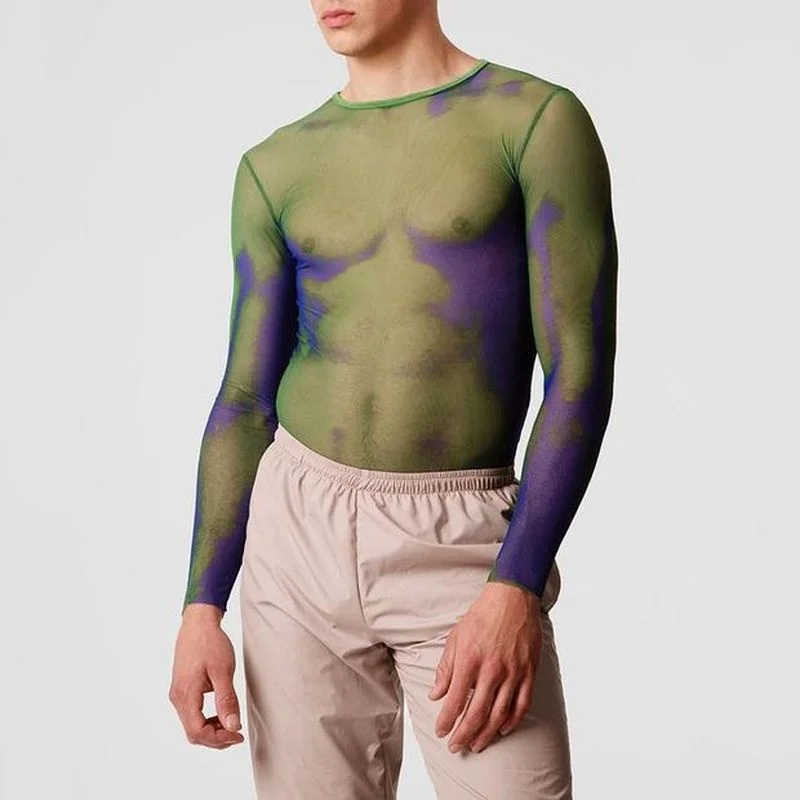 

Новая специальная удлиненная рубашка с длинным рукавом, Мужская Роскошная зеленая градиентная эластичная прозрачная Сексуальная футболка