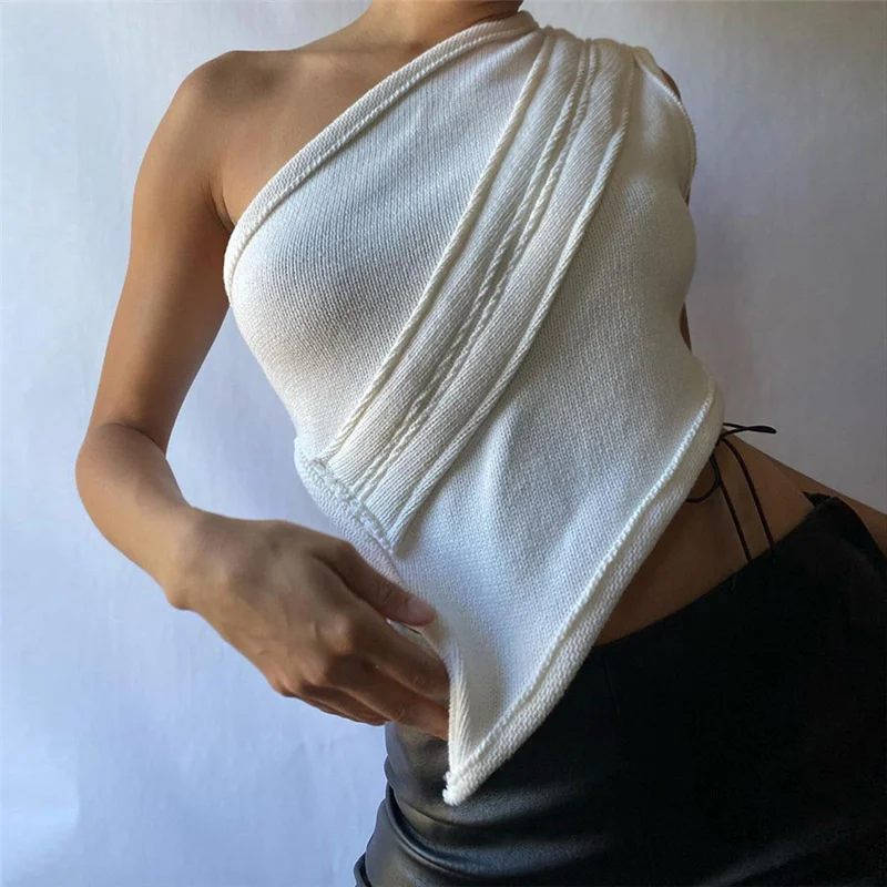 

2019 Sexy One Shoulder Women Vest Crop Top White Sleeveless Beach Holiday Bandage Tanks Tops Y2k Party Backless Clubwear