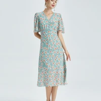 american silk dress ladies temperament high end v neck waist design high end floral 100 mulberry silk green long skirt
