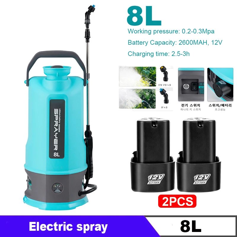 

8L Thickening Sprayer Garden High Pressure Lithium Battery Backpack Electric Sprayer 2 Batteries
