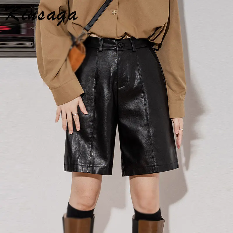 

Japanese Style Stitching Gray Five Point Straight Leg Cargo Shorts Women Harajuku Loose Elastic Waist Pockets PU Booty Shorts