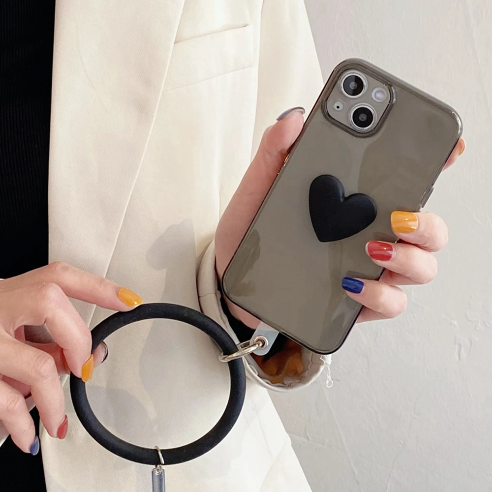 

Cute Cartoon 3D Love Heart Wristband Case for iPhone 12 13 Mini 11 Pro Max X Xr Xs Max 8 7 6 6s Plus SE 2 Transparent Soft Cover