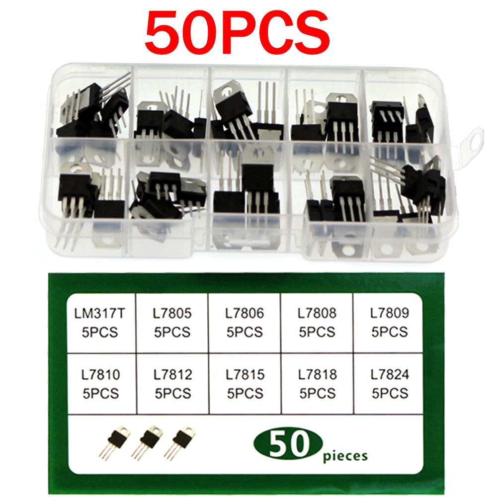 

50PCS LM317T L7805 L7806 L7808 L7809 L7810 L7812 L7815 L7818 L7824 Transistor Assortment Kit 10value Voltage Regulator Box