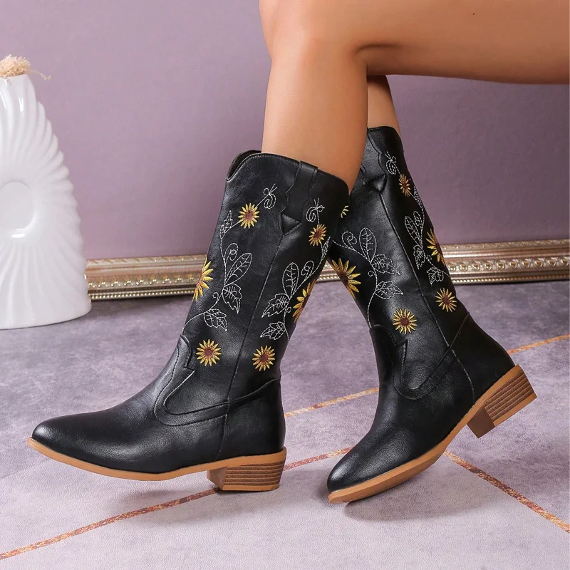 

Fashion Sunflower Embroidery Long Boots Woman Retro Floral Design Pu Leather Western Booties Ladies Winter Casual Shoes