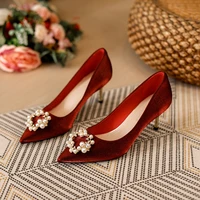 2022 brides maid wedding shoes woman burgundy red high heels ladies pearl beaded pumps real silk tacones luxury femmes bombas