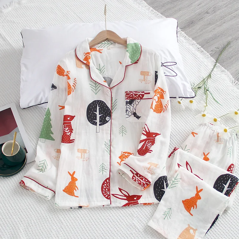 New Cotton Double Gauze Long-sleeved Trousers Pajamas Set Cartoon Squirrel Home Service Pajamas for Women Sleepwear