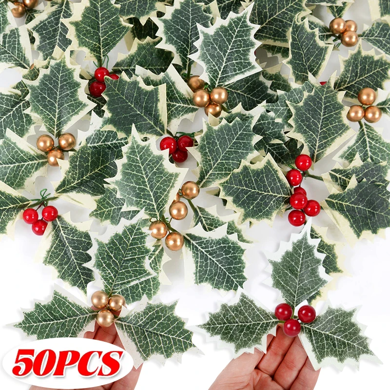 

Christmas Holly Berry Green Leaves DIY Wreath Gifts Artificial Flower Red Berries Xmas Tree Ornaments Wedding Party Decoration