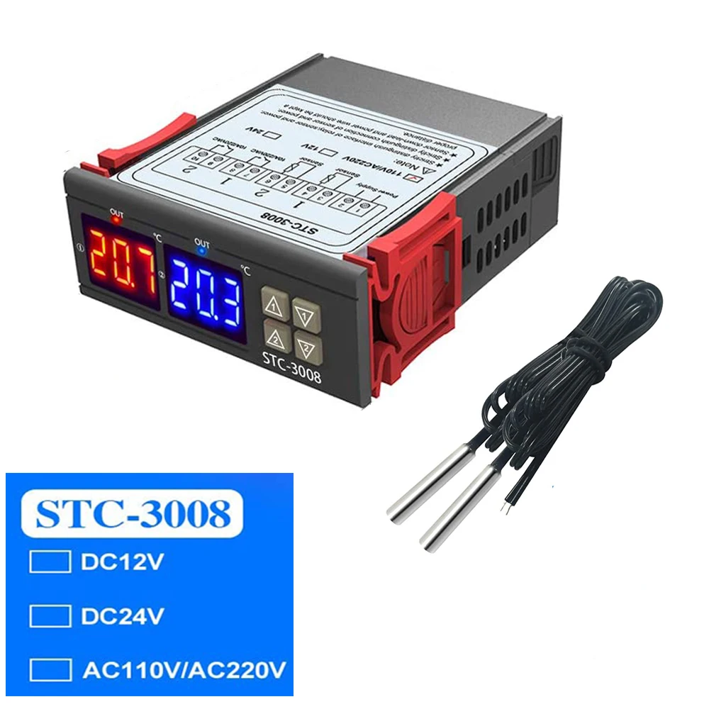 

STC-3008 Dual Digital Temperature Controller 12V 24V AC110-220V Probe line 10A Thermoregulator Control LED Display Thermostat