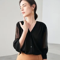 100 silk blouse women single breasted casual style solid 2 colors v neck long sleeves loose top new fashion