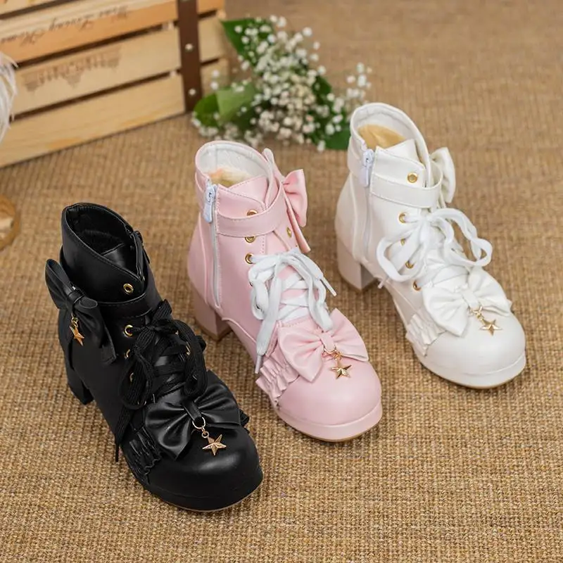 

ASILETO New Woman Ankle Boots Lolita Style Round Toe Block Heel 3cm Zipper Lace Up Bowknot Sweet Size 33 32 31 30 Girls Shoes