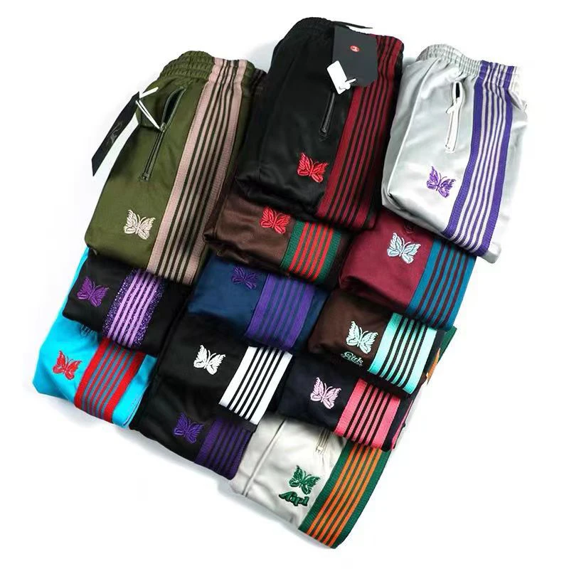 

Embroidery Butterfly Logo AWGE Needles Sweatpants Men Women Black Red Stripe Needles Pants Track Trousers