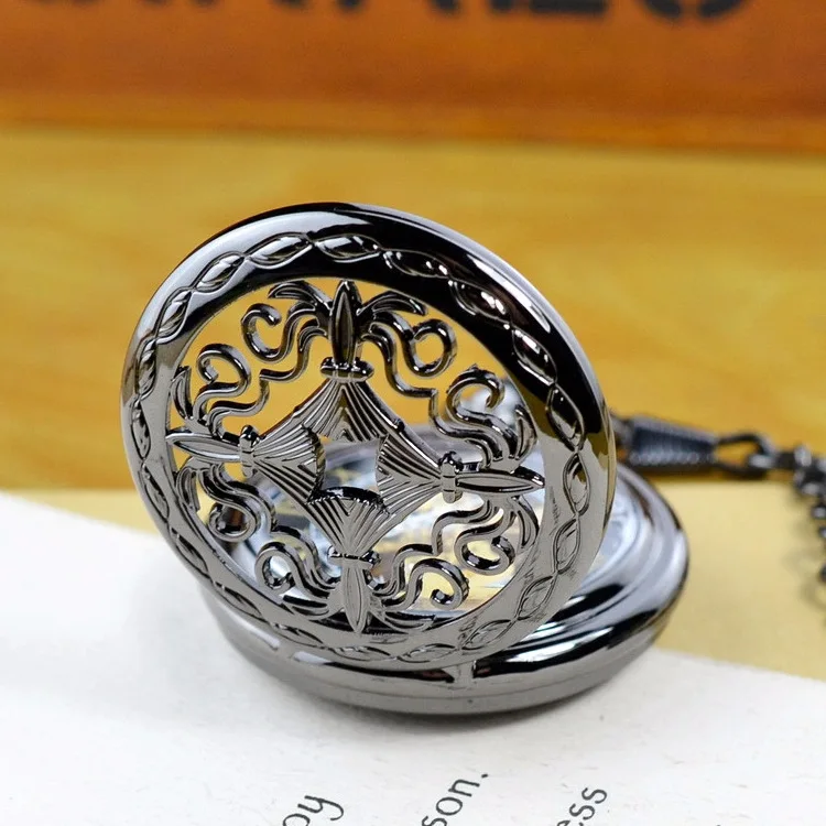 Luxury Mechanical Black Pocket Watch for Men Women Hollow Skeleton Dial Roman Dial Fob Chain Pendant Clock for Collection Gift