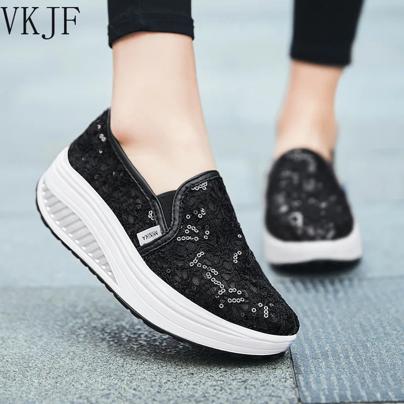 

Casual Woman Pumps 2022 Summer New Sequins Net Yarn Shoes Breathable Swing Shoes Women's Platform Wedge Sandals Size 35-40