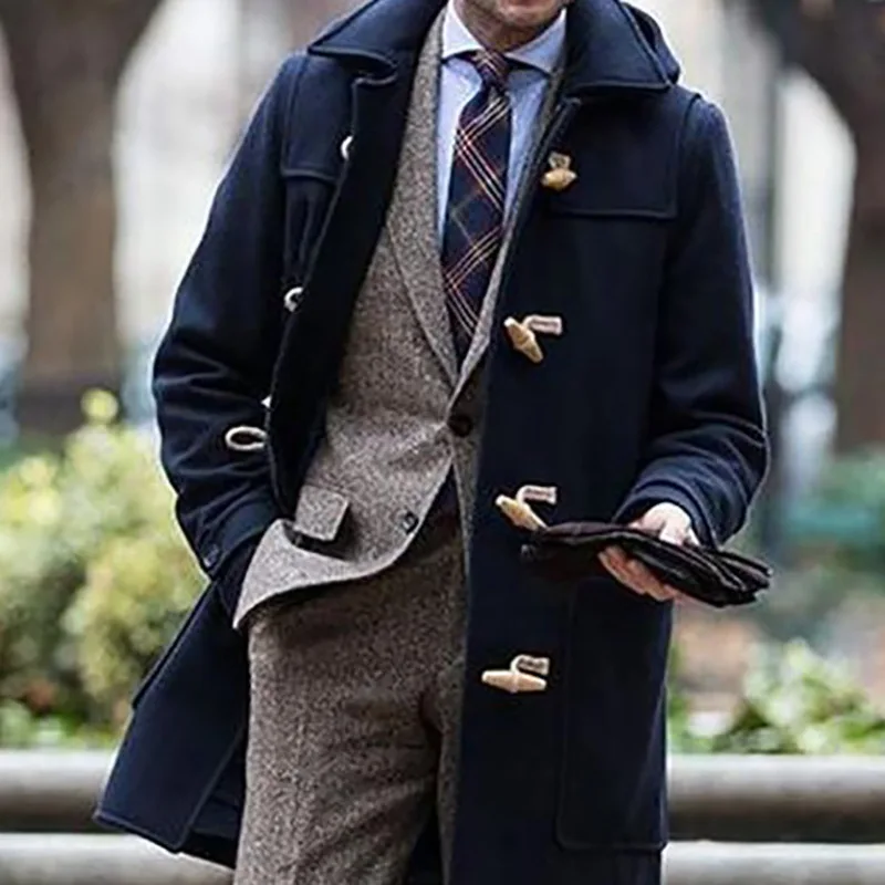 

Men's Horn Buckle Lapel Coat Long Jacket 2022 Autumn Winter Fashion Long Sleeve Medium Long Coat Casual Men Business Overcoat