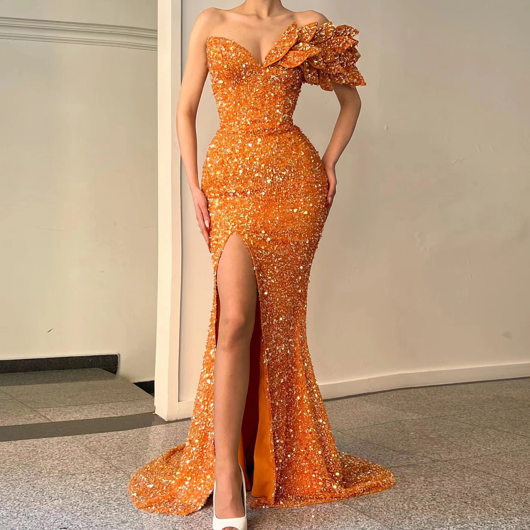 

Orange Luxury Prom Dresses Sequined High Split Hot Gorgeous Mermaid Gowns Celebrity Party Evening Dress Robe De Soiree Custom