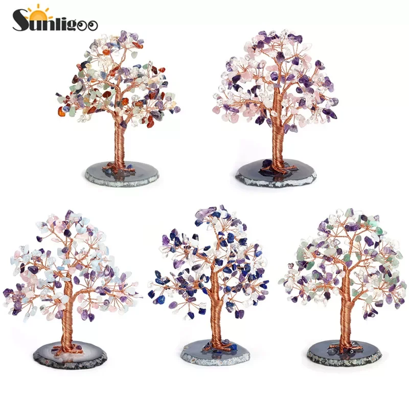 

Sunligoo Reiki Healing Crystal Money Tree Copper Wire Wrapped Natural Agate Slices Geode Base Stone Feng Shui Trees Home Decor