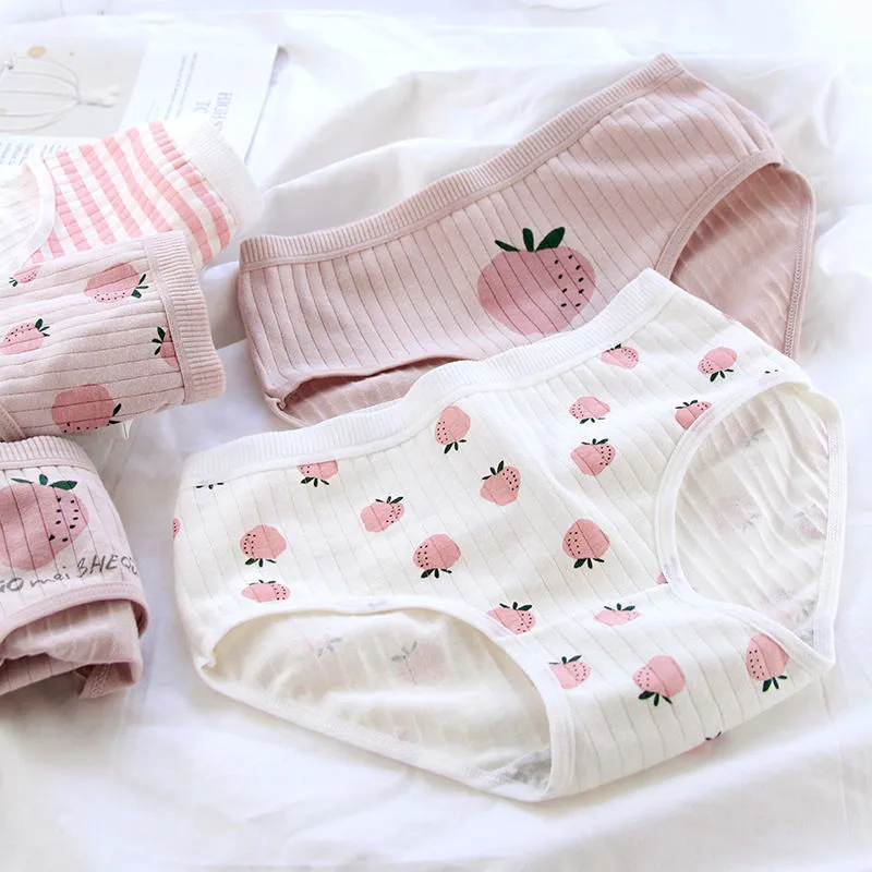 

Lingerie Women's Cotton Panties Mid Waist Comfortable Breathable Cute Sweet Strawberry Girl Briefs Underwear Female