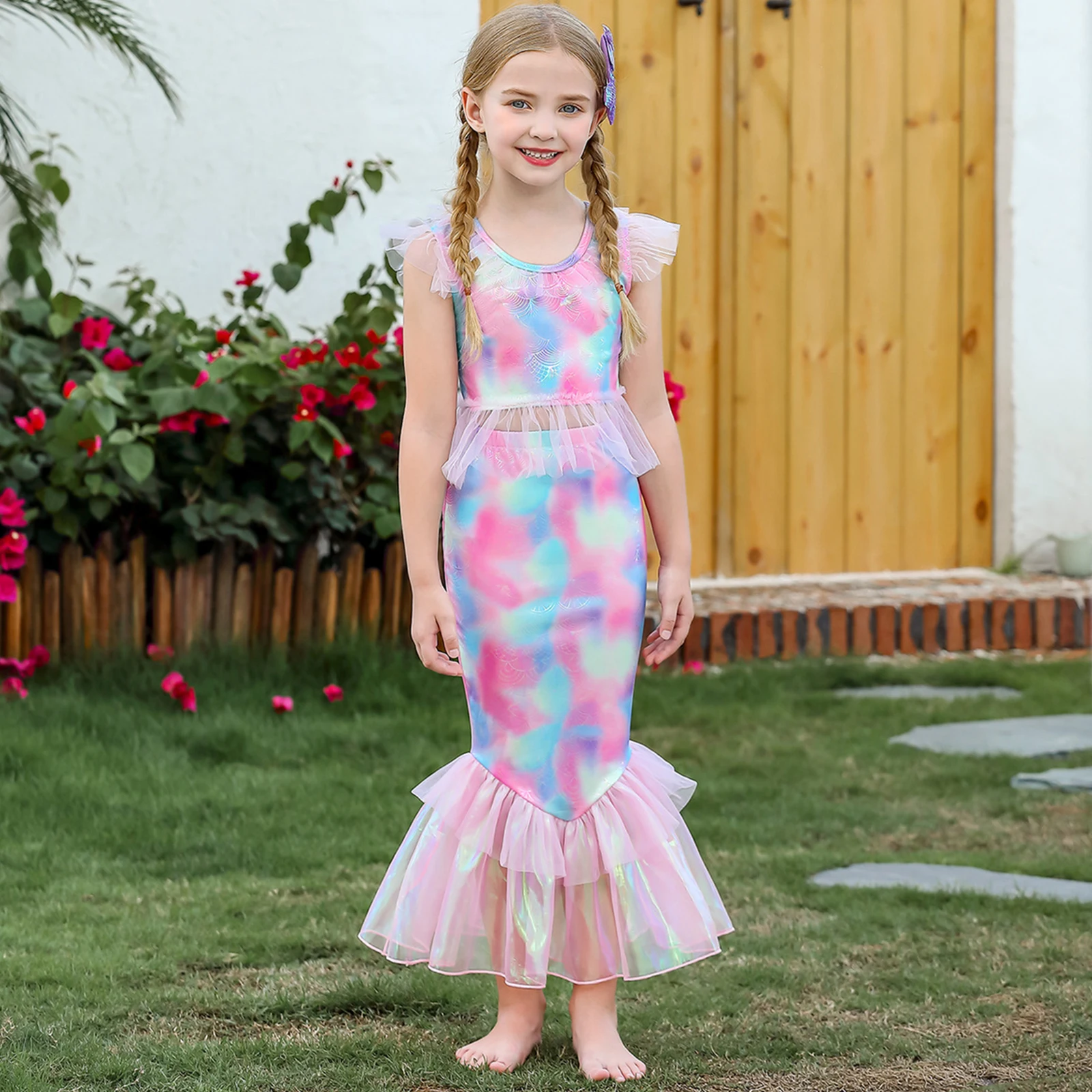 

Listenwind Kids Girls Mermaid Costume Tie-Dye Rhinestones Mermaid Skirt Set and Briefs for Toddler Party Cosplay Outfit