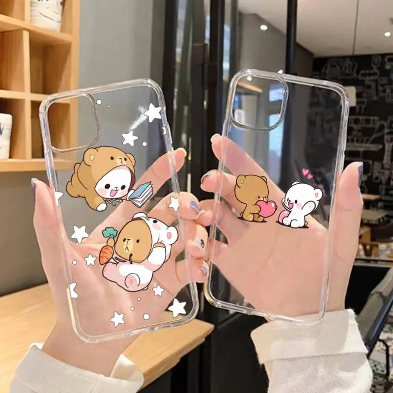 

Милый прозрачный чехол для iPhone 11 12 Mini 13 14 Pro XS Max X 8 7 6 Plus SE XR с молочным медведем для влюбленных