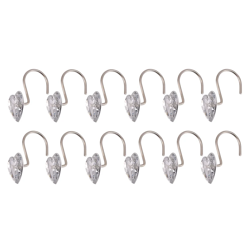 

HOT Decorative Crystal Heart Shape Shower Hooks Rust Resistant Hooks Glide Shower Ring Hangs For Shower Curtain 12-Pack