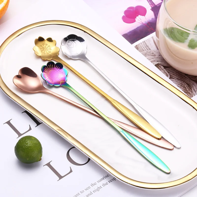 

4Pcs/Set Mixing Spoons Small Flower Teaspoon Coffee Spoon Cute Ice Cream Dessert Spoon Stainless Steel Kitchen Accessories