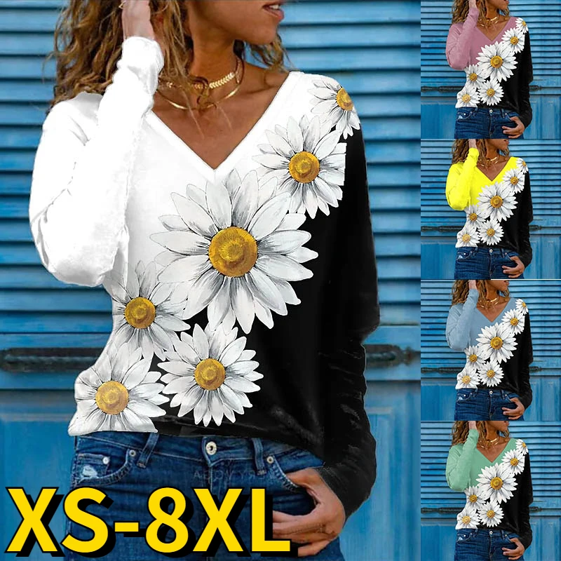 

2022 Autumn Female Street Temperament T-shirt Sexy V-neck Top Chrysanthemum Print Long Sleeve Fashion Pullover Casual Clothes